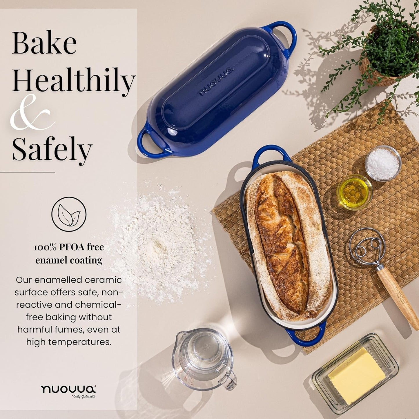 Enamelled Cast Iron Bread Loaf Pot – Dutch Oven For Sourdough Bread Baking – Oven Safe Non Stick Bread Pot – Rectangular, Dark Blue, 34cm x 16cm – by Nuovva