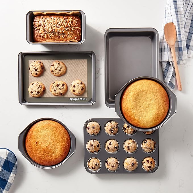 Amazon Basics 6 Piece Nonstick, Carbon Steel Oven Safe Bakeware Set with Cake, Muffin, Cookie, and Loaf Pans, 6 Piece, 16.25 x 11.75 x 6.25 inches