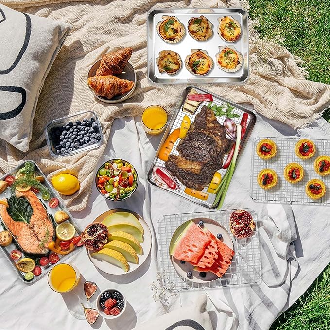 Baking Sheet with Wire Rack Set, Homikit Stainless Steel Quarter Sheet Pan with Grid Cooling Rack for Toaster Oven Roasting, Metal Bacon Cookie Trays Nonstick Jelly Roll Pan, 12" x 10" x 1 Inch