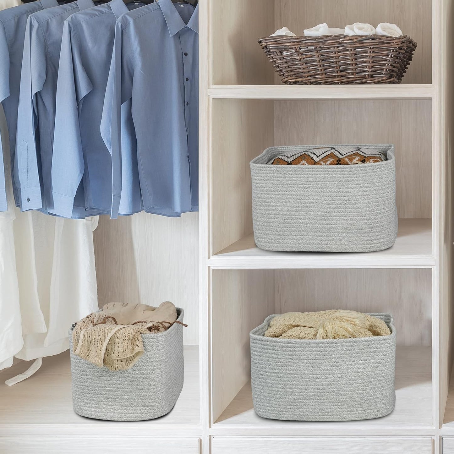 Cotton Rope storage Basket Bins Woven Basket for Organizing Shelves 14.5X9.5X9.3“ Rectangle Decorative Baskets For storage Clothes Toys Books Towels Square Wicker Nursery basket organizer 3 pack grey