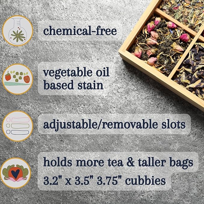 Bamboo Tea Organizer Box Chemical Free Eco-Friendly Big, Tall, Adjustable Cubbies Natural Wooden Storage Chest (8-Slot 14.3" x 8.1" x 4.2" with Tea Time Pot & Cups)