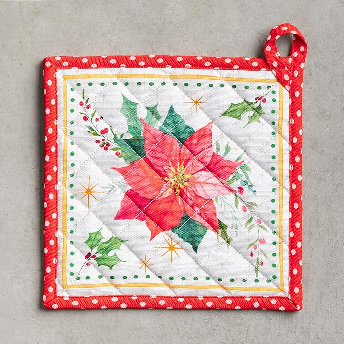 Maison d' Hermine Pot Holders 100% Cotton Heat Resistant Potholders 8" x 8" Hot Pads with Loop BBQ, Cooking, Baking, Grilling, Kitchen, Handling Hot Pans (Pack of 1, Poinsettia Christmas)