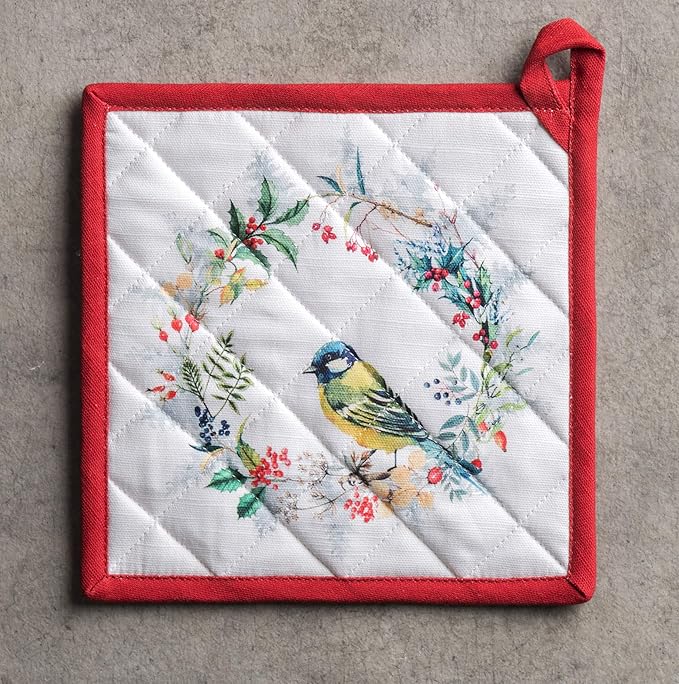 Maison d' Hermine Pot Holders 100% Cotton Heat Resistant Potholders 8" x 8" Hot Pads with Loop BBQ, Cooking, Baking, Grilling, Kitchen, Handling Hot Pans (Pack of 1, Morzine)