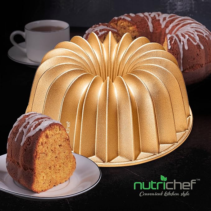 NutriChef 9-Inch Cake Pan - Thick and Heavy Cast Aluminum Bakeware Cake Mold with 2 Layers of Nonstick Coating - Fluted Lines Design for Uniform Baking Up To 500 Degrees - Easy to Clean, Gold