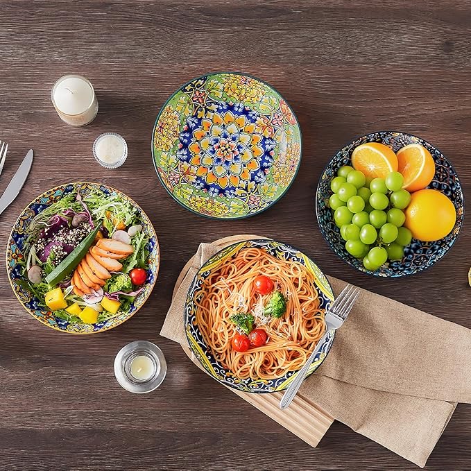 vancasso Pasta Bowls, 42 oz Ceramic Salad Bowls of 4,Large Corlorful Serving Bowls for Kitchen, Dishwasher & Microwave Safe Soup Bowls, Pasta Plates