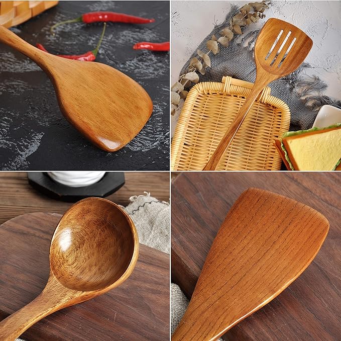 Wooden Spatula,Slotted Turner,Soup Ladle,Long Handle Utensils Set,Handmade for Kitchen Cookware (Wooden Utensil 4 Sets)