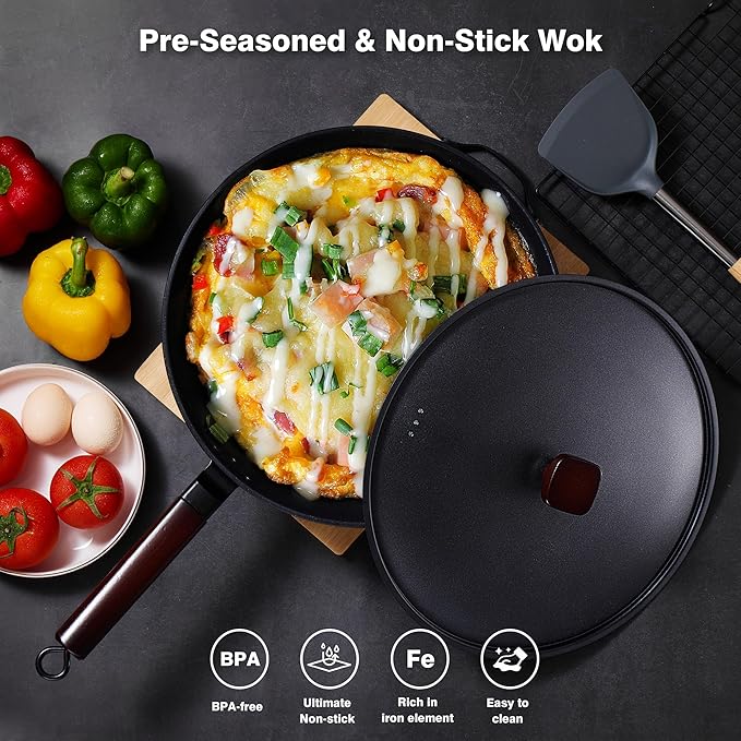 Carbon Steel Wok -13 Inch Woks & Stir-fry Pans Nonstick, Wok Pan with Lid Spatula and Dish Brush: Pre-Seasoned Flat Bottom Chinese Woks for Induction, Electric, Gas, All Stoves