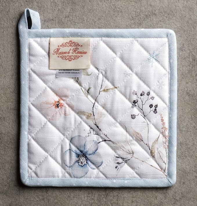 Maison d' Hermine Pot Holders Set 100% Cotton Heat Resistant Potholders 8" x 8" Hot Pads with Loop BBQ, Cooking, Baking, Grilling, Kitchen, Handling Hot Pans (Pack of 2, Ice Florals)