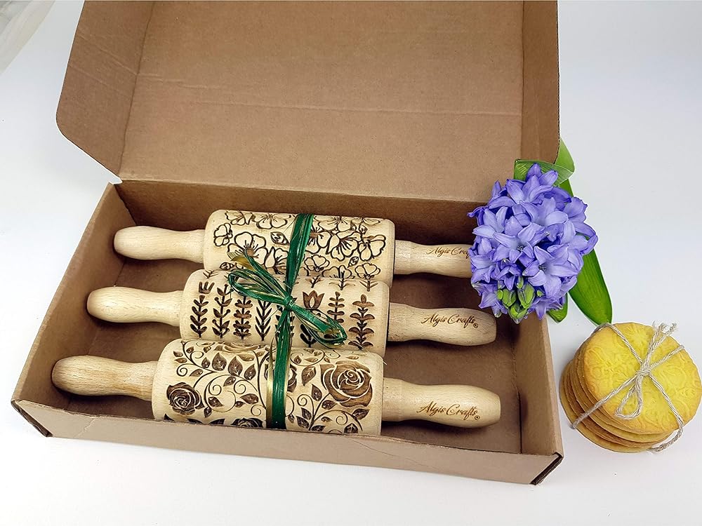 GARDEN BLOSSOMS 3 Small Size Embossed Rolling Pin Set. Wooden Laser Engraved Embossing Dough Roller for Embossed Cookies Gift for Birthday, Easter by Algis Crafts