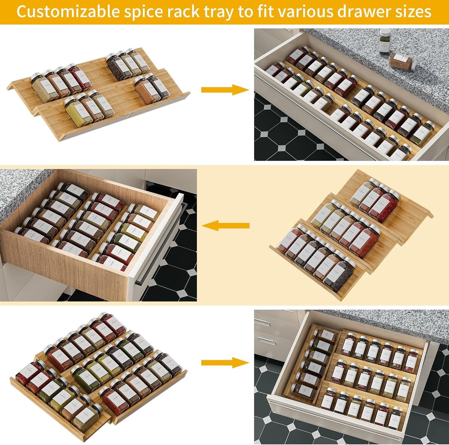 Bamboo Spice Drawer Organizer - 8 Pack 13"x4.7"x1.6" Spice Rack Tray - Spice Jars Drawers Insert - Seasoning Organizer for Drawers/Countertop (Jars not included)…