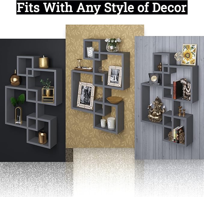 Greenco Gray Floating Cube Shelves - Intersecting Wall Mounted Shelves - Bedroom Decor for Men - Wall Decor Square Shelves for Bedrooms, Living Rooms & More - Set of 4 Box Shelves