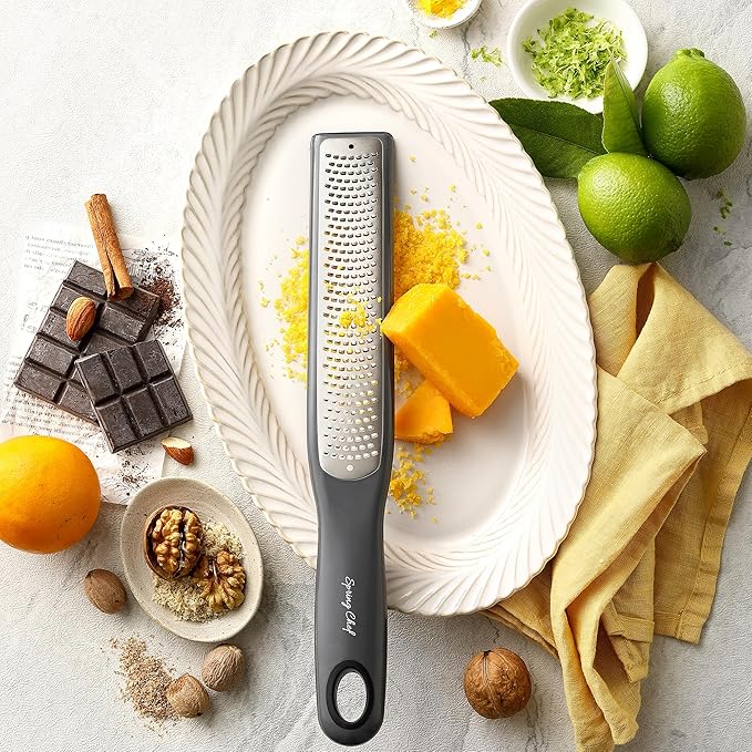 Spring Chef Premium Gray Lemon Zester Grater with Handle - Lime, Garlic, Ginger, Orange, Nutmeg, Fruit Grater - Heavy Duty Kitchen Tool - Stainless Steel Citrus Zester with Blade Cover - Fine Shred