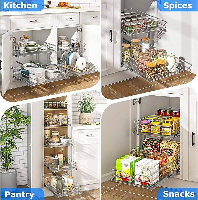 WelFurGeer 2-Tier Stainless Steel Pull Out Cabinet Organizer, Soft Close Damping Slides, Heavy Duty Chrome Plated Wire Basket with Shelf Liner, Perfect for Kitchen Cabinets, Pantry Storage, Under Sink