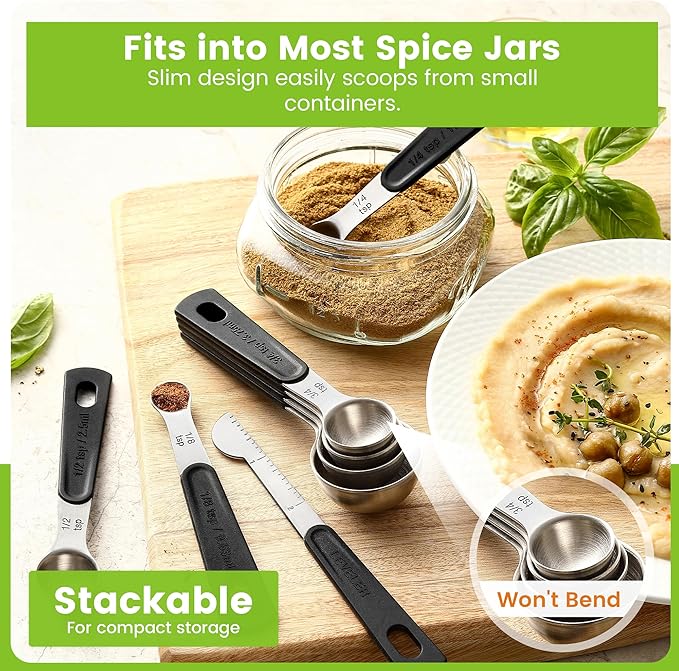 Spring Chef Stainless Steel Magnetic Measuring Spoons Set of 8 with Leveler, Round Metal Teaspoon & Tablespoon Measuring Spoons - Kitchen Gadgets For Baking and Cooking