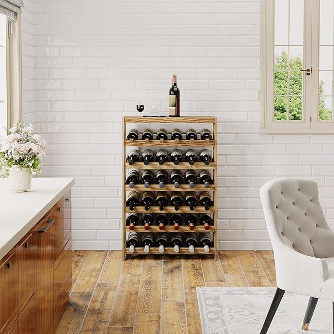 Solid Wood Wine Storage Racks - Stackable Wine Rack with Tabletop, Free Standing Floor Wooden Wine Rack, Premium Wine Storage Rack Display and Organizing for Kitchen and Cellar 6 Tier 36 Bottles