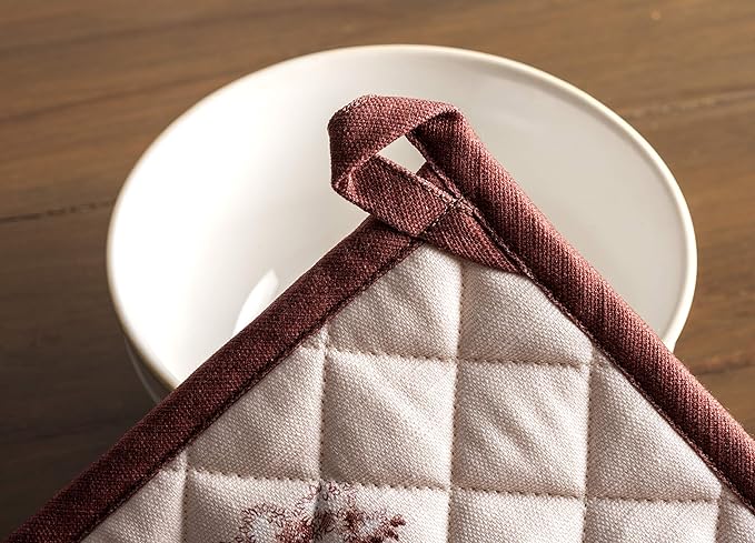 Maison d' Hermine 100% Cotton Oven Mitt & Pot Holder Set (7.5"x13" & 8"x8") Heat Resistant BBQ Cooking Gloves with Loop, Baking, Grilling, Kitchen, Handling Hot Pans (Holy Jouy - Brown)