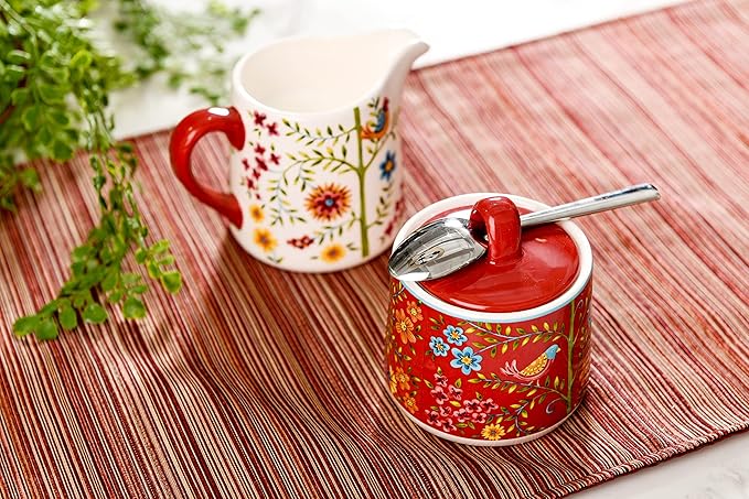 Bico Red Spring Bird Ceramic Sugar and Creamer Set, Sugar Bowl with Lid, Cute Container for Coffee Bar, Kitchen Countertop Accessories, Microwave and Dishwasher Safe