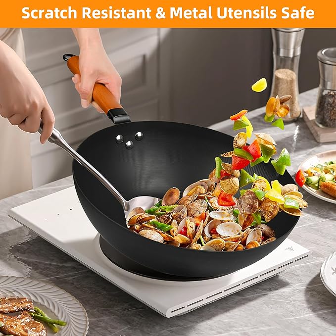 12.5-Inch Carbon Steel Wok with Lid – Pre-Seasoned Flat Bottom Stir-Fry Pan, Nonstick Wok for Induction, Gas, Electric & All Stovetops – Chinese Wok with Glass Lid