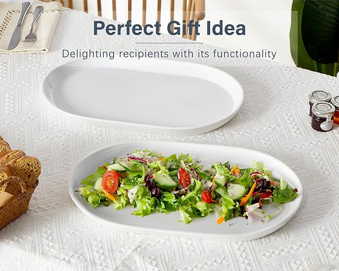 ONEMORE 16 Inch Ceramic Serving Plates for Entertaining, Set of 2 Large Oval Dinner Plates- Dishwasher Oven Safe Serving Tray for Food Meat Fish Parties- Porcelain Thanksgiving Turkey Platters - White