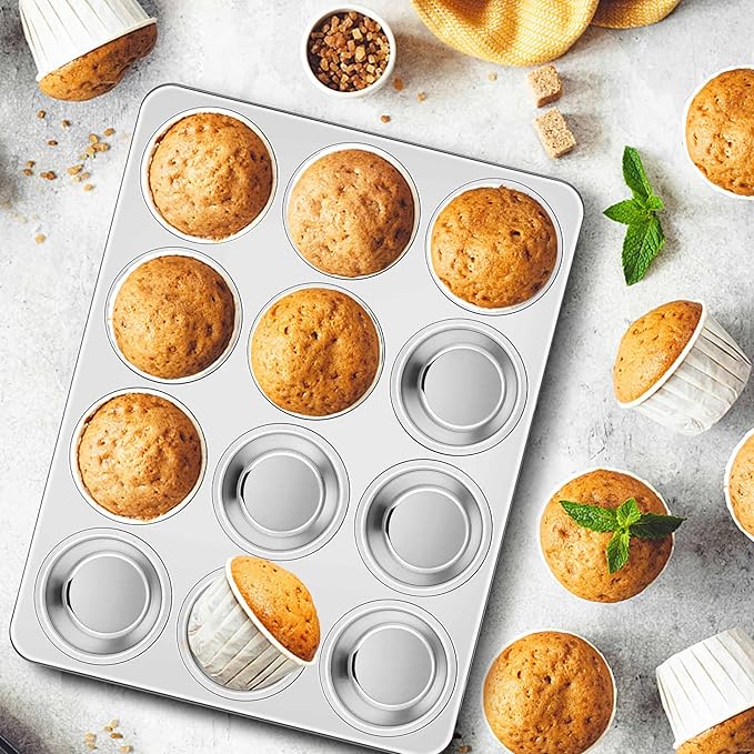 Homikit 3 Pack Muffin Pan, Stainless Steel Cupcake Tin with 12 Cups Regular Size, 13.8" x 10.4" Nonstick Metal Egg Bites Tray for Oven Baking, Non Toxic & Rust Free, Easy Release & Dishwasher Safe