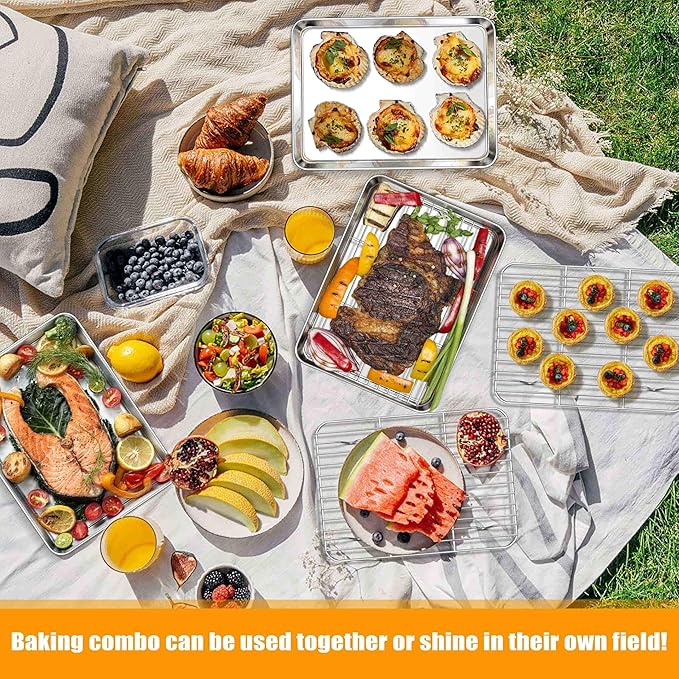 Homikit Baking Sheet with Wire Rack, 9 x 7 Inch Stainless Steel Cookie Sheets for Baking, Small Baking Pan with Cooling Rack, Nonstick Metal Mini Toaster Oven Bacon Tray, Rust Free & Dishwasher Safe