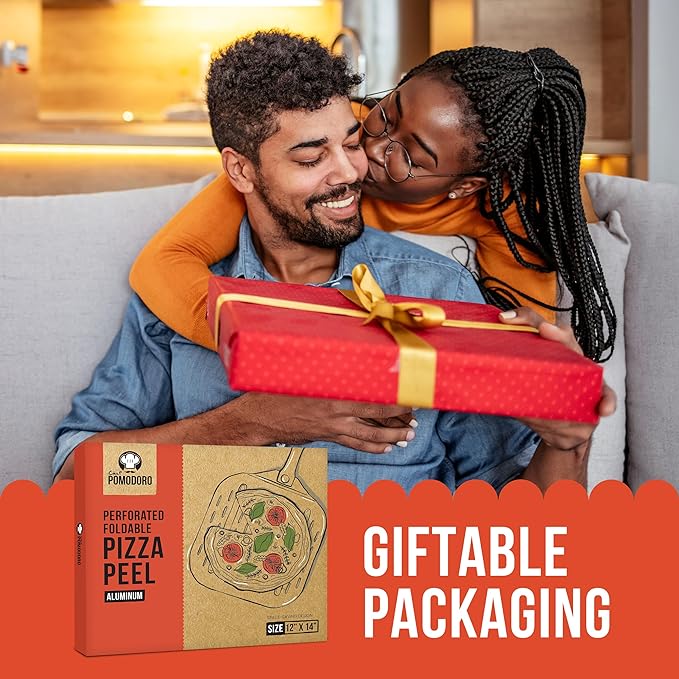 Chef Pomodoro Perforated Aluminum Metal Pizza Peel with Foldable Wood Handle for Easy Storage, Premium Pizza Paddle with Holes for Baking Homemade Pizza and Artisan Breads (12 inch)