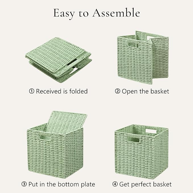 UBBCARE 3 Pack Wicker Basket, 11L×11H×10.5W inch Woven Paper Rope Storage Baskets for shelves, Foldable Cube Storage bin with Handle, Storage Basket for Organizing & Decor, Green