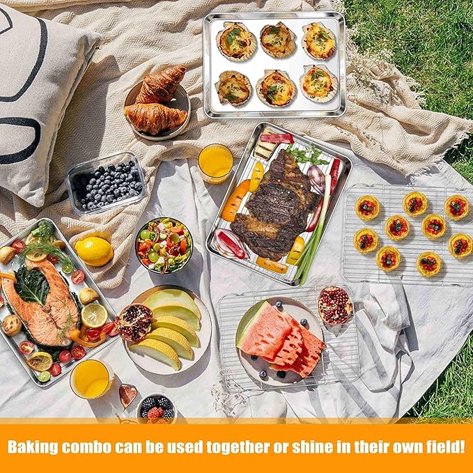 Homikit Baking Sheet Pan with Wire Cooling Rack Set, 20" x 14" Large Nonstick Stainless Steel Cookie Sheets Tray for Oven, Big Metal Bakeware Bacon Pans for Baking Cooking, Dishwasher Safe