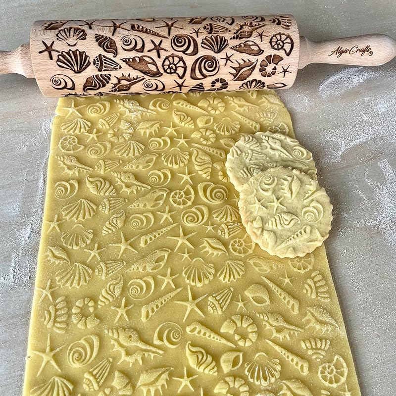 Embossing Rolling Pin SHELLS. Dough and Clay Roller for Embossed Cookies and Pottery. Cookie and Ceramic Stamp. Backing Gifts for Women by Algis Crafts