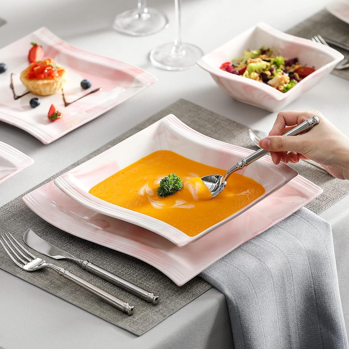 MALACASA Plates and Bowls Sets, 26 Pieces Pink Dinnerware Sets for 6, Porcelain Dinnerware Set with Dinner Plates and Bowls, Serving Platters, Square Dishware Sets, Modern Dish Set, Series Flora