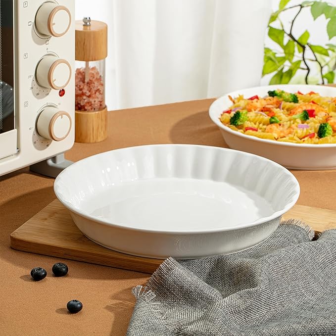 Brew To A Tea - Classic White Ceramic Pie Dish Set, 2 Pcs, 10.5" & 9.5", Pie Pans for Baking, Deep Dish Pie Plate