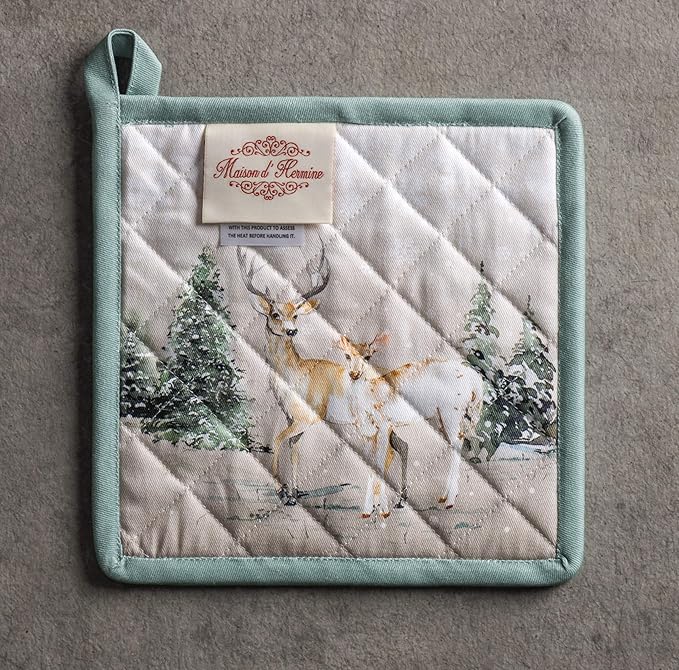 Maison d' Hermine Pot Holders Set 100% Cotton Heat Resistant Potholders 8" x 8" Hot Pads with Loop BBQ, Cooking, Baking, Grilling, Kitchen, Handling Hot Pans (Pack of 2, Deer in The Woods)