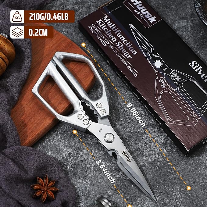 HUUSK Kitchen Scissors all Purpose - Stainless Steel Kitchen Shear, Sharp Silver Meat Scissors Dishwasher Safe, Heavy Duty Poultry Shears, Japanese Cooking Scissor for Food, Chicken Bones, and Turkey