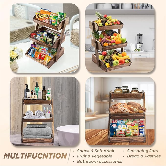 Fruit Basket, Fruit Bowl, 2 Tier Fruit Basket for Kitchen, Fruit Stand Storage Holder, Heavy Duty/Multipurpose/Large Capacity for Fruit, Vegetables, Bread Storage (Walnut, 3 Tier)