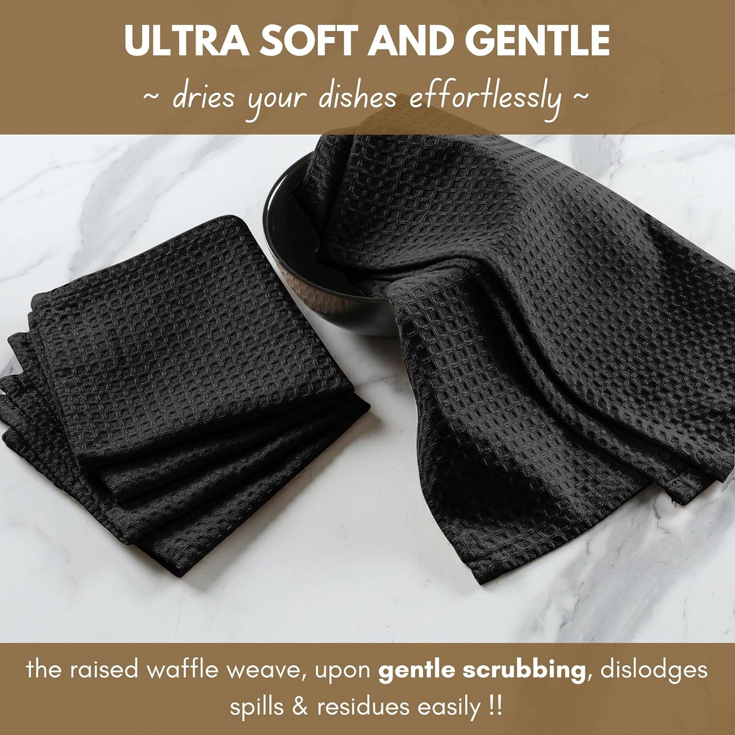 Native Fab Cotton Kitchen Towel with Hanging Loop 16x26 inches, 6-Pack, Waffle Weave Kitchen Towels for Cleaning Drying, Washcloths Soft & Absorbent Cloth Rags, Bar Towel, Dish Cloth, Black