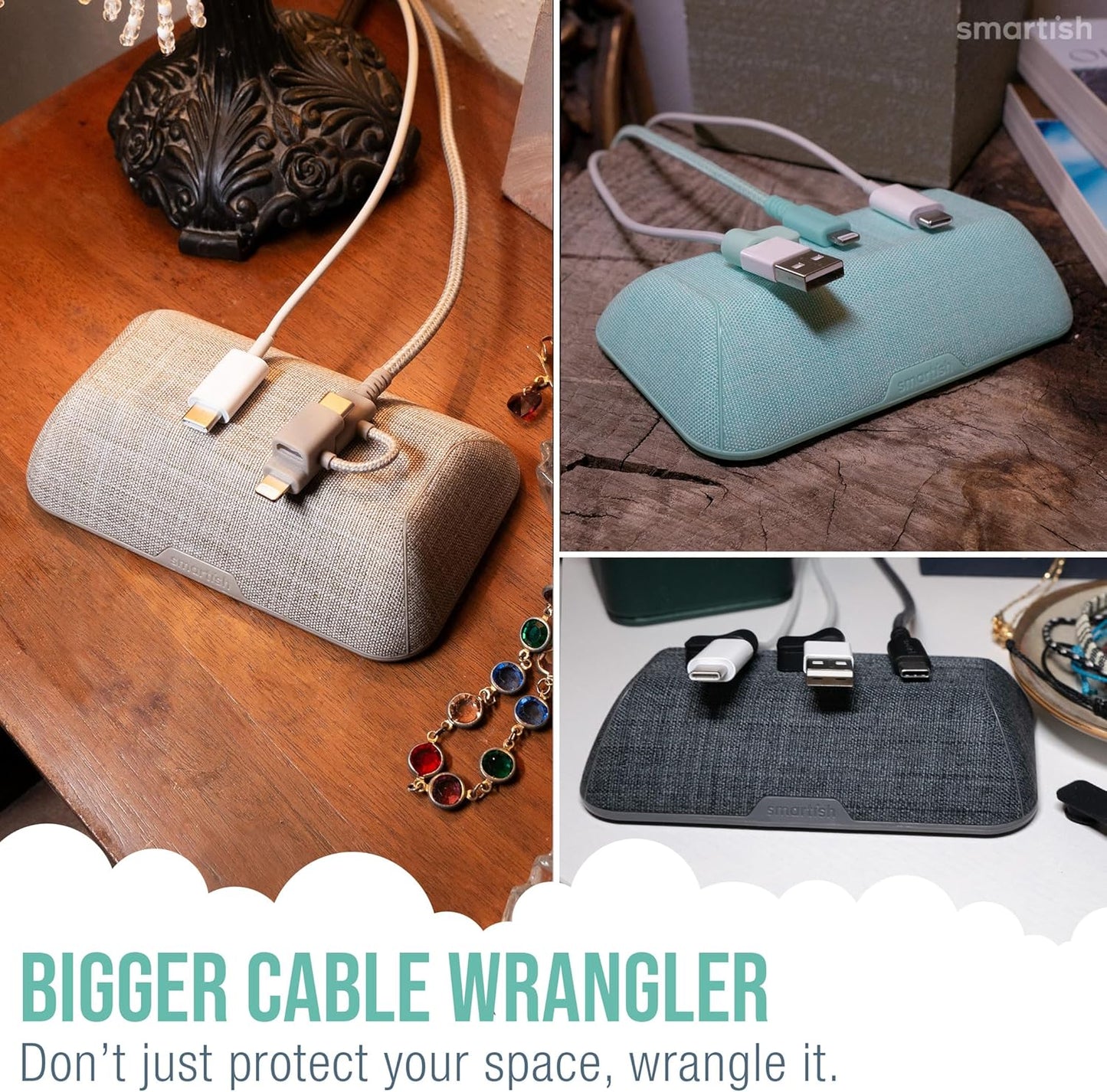 Smartish® Magnetic Cord Holder - Bigger Cable Wrangler Organizer with Magnet Clips for Charger Management on Desktop, Nightstand, or Side Table - Holds 6+ Cables - Teal Me More