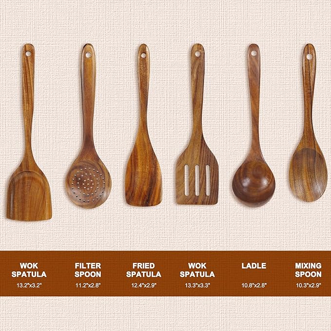 FJNATINH 6 PCS Teak Wooden Cooking Kitchen Utensils Set, Large Wooden Spoons for Cooking Mixing Baking, Non-stick Kitchen Utensils Set Gifts for Women Housewarming Gifts