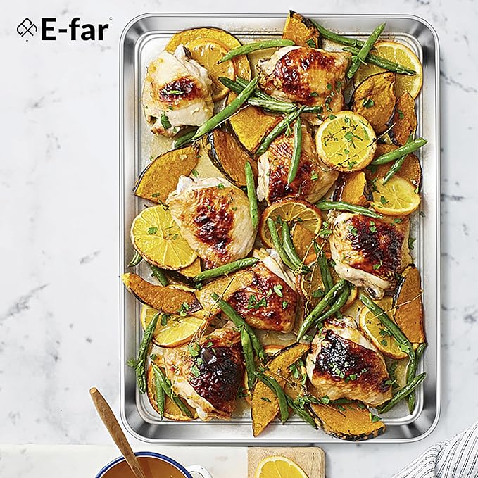 E-far Baking Sheets Set of 2, 16” x12” Stainless Steel Cookie Sheets Pans for Oven, Non-toxic Metal Trays for Baking Cake Cookie, Healthy & Rust Free, Mirror Finish & Dishwasher Safe