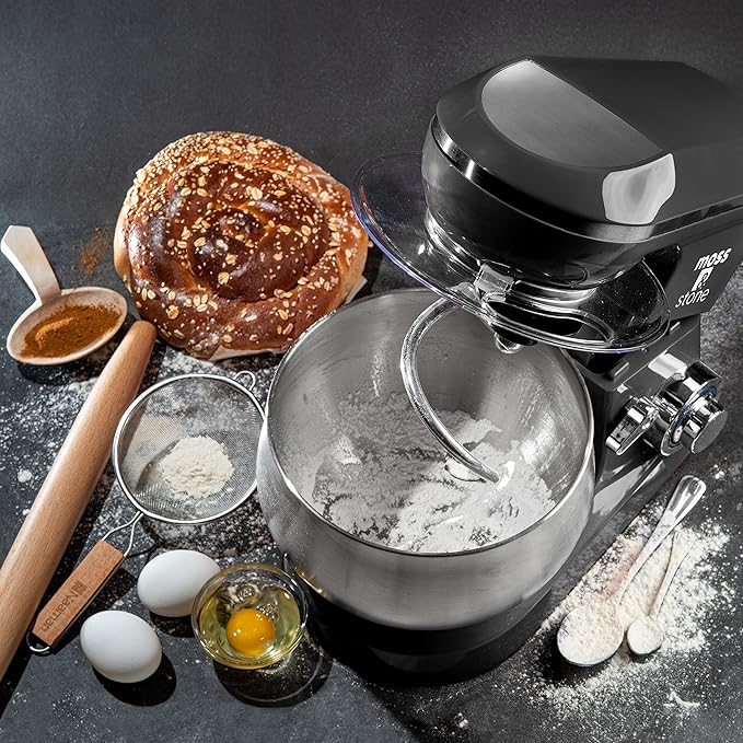 Moss & Stone Black Stand Mixer, 6 Speed Electric Mixer With 5.5 Quart Stainless Steel Mixing Bowl, Black Body Kitchen Mixer With Dough Hook, Egg Whisk, Beater & Baking Spatula, Classic Food Mixer