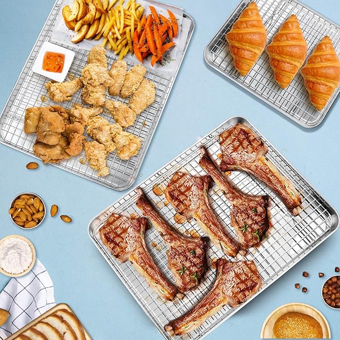 P&P CHEF 17.5 + 16 + 10.4 Inch Baking Sheet and Rack Set, Stainless Steel Cookie Sheets Oven Baking Pans Trays with Cooling Racks for Cooking & Roasting, Oven & Dishwasher Safe, (6Pcs)