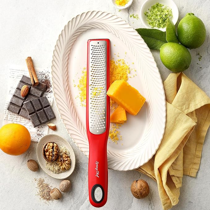 Spring Chef Premium Red Lemon Zester Grater with Handle - Fruit, Garlic, Citrus, Nutmeg, Orange Zester Tool - Heavy Duty Kitchen Shredder - Stainless Steel Ginger Grater with Blade Cover - Fine Shred