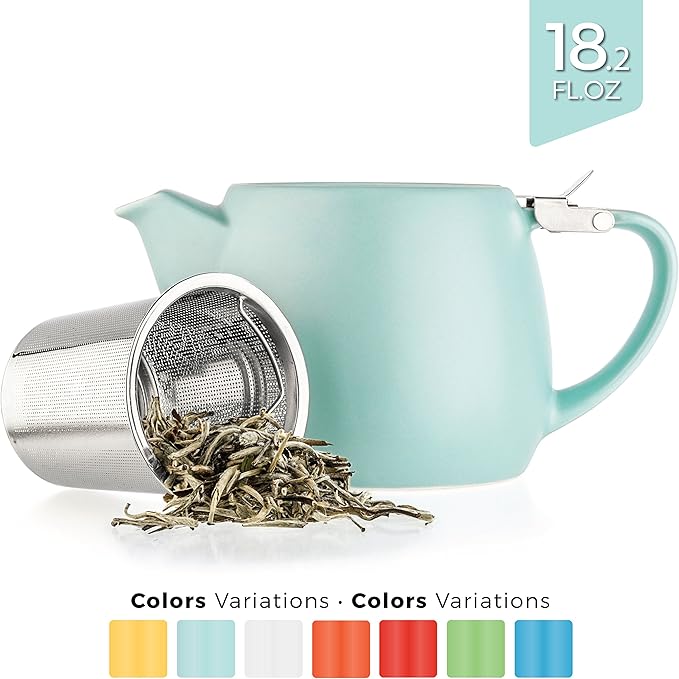 Tealyra - Pluto Porcelain Small Teapot Turquoise - 18.2-ounce (1-2 cups) - Matte Finish - Stainless Steel Lid and Extra-Fine Infuser To Brew Loose Leaf Tea - 540ml