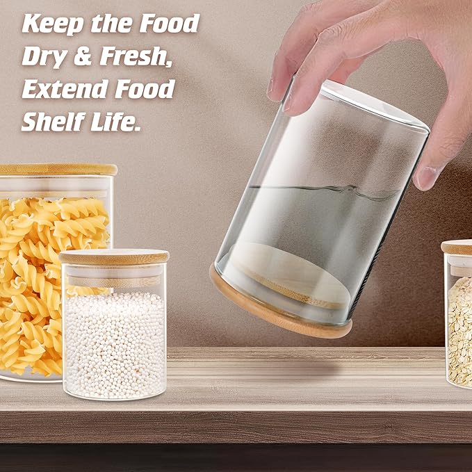 Glass Jars with Bamboo Wooden Airtight Lids 6oz 10oz 18 oz Spice Jars Food Storage Containers for Home Kitchen, Tea, Salt, Pepper, Spices, Coffee, Herbs, Grains