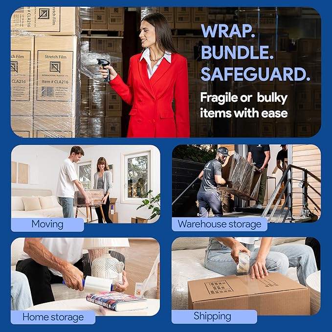 International Plastics Co. 6 Pack of 5" Plastic Stretch Film Wrap with Rotating Handles 1000 feet Each 500% Stretch Ability