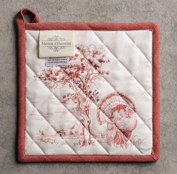 Maison d' Hermine Pot Holders Set 100% Cotton Heat Resistant Potholders 8" x 8" Hot Pads with Loop BBQ, Cooking, Baking, Grilling, Kitchen, Handling Hot Pans (Pack of 2, Holy Jouy - Red)