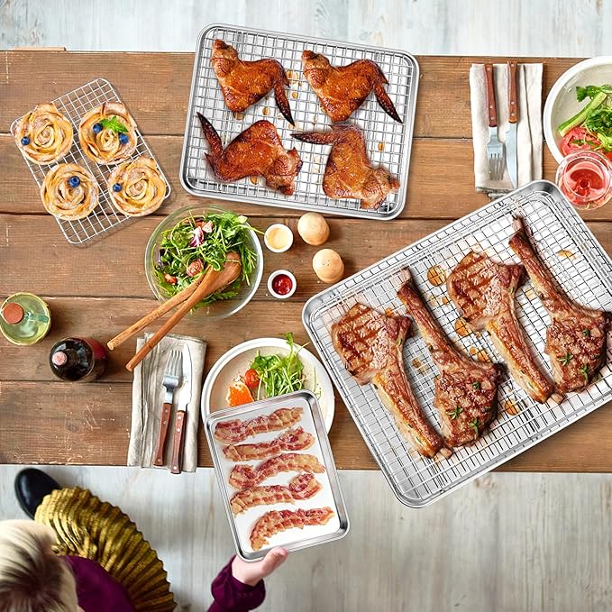 P&P CHEF 16 + 12.5 + 9 Inch Baking Sheet and Rack Set, Stainless Steel Cookie Sheets Oven Baking Pans Trays with Cooling Racks for Cooking & Roasting, Oven & Dishwasher Safe, (6Pcs)