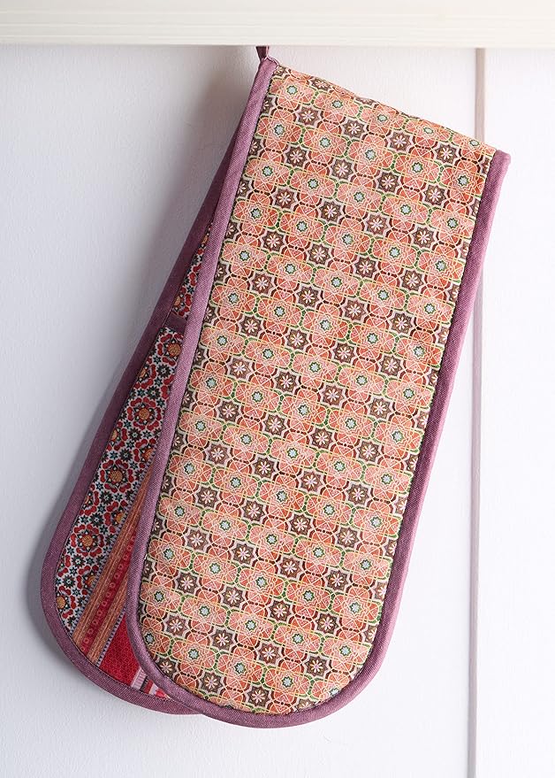 Maison d' Hermine Double Oven Mitts 100% Cotton 7"x35" Double Oven Mitt Heat Resistant BBQ Cooking Gloves with Loop, Baking, Grilling, Home, Kitchen, Handling Hot Pans (Ispahan)