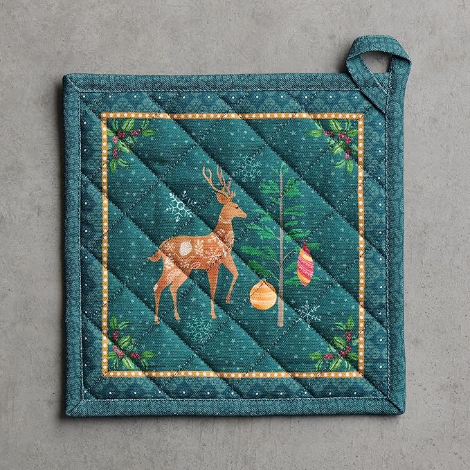 Maison d' Hermine Pot Holders 100% Cotton Heat Resistant Potholders 8" x 8" Hot Pads with Loop BBQ, Cooking, Baking, Grilling, Kitchen, Handling Hot Pans (Pack of 1, Hygge Christmas)