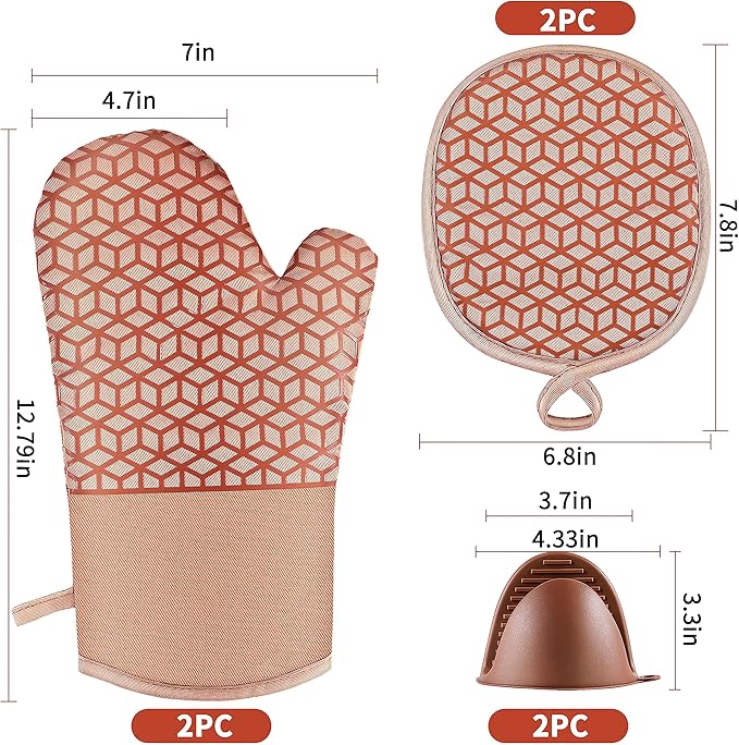 Oven Mitts And Pot Holders Set 6Pcs,Kitchen Oven Glove,High Heat Resistant 500°F Large Size Oven Mits And Potholders With Soft Cotton Lining And Non-Slip Silicone Surface For Cooking (Brown)