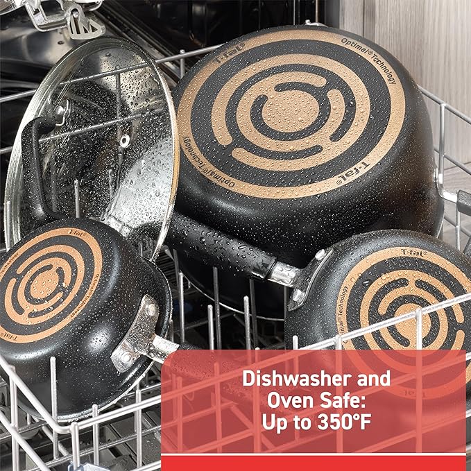 T-fal Signature Nonstick Cookware Set 12 Piece, Oven Broiler Safe 350F, Pots and Pans, Kitchen Cooking Set w/Fry Pans, Saucepans, Saute Pan, Dutch Oven, Griddle, Kitchen, Home, Dishwasher Safe, Black